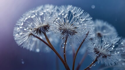 Poster - Close up of delicate dandelion seeds glistening with water droplets in soft morning light