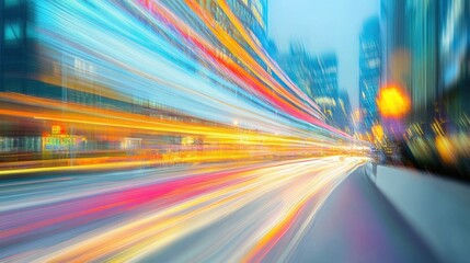 Poster - Vibrant light trails sweep through the cityscape, showcasing movement and energy during twilight hours in an urban environment