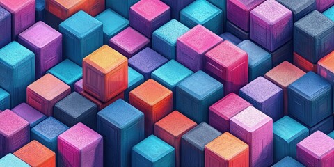 Poster - Vibrant Isometric Pattern Featuring Colorful Geometric Shapes in Varying Sizes and Textures for Contemporary Design and Creative Projects