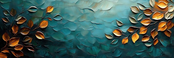 Poster - captivating abstract painting with nostalgic golden leaves against a serene turquoise background evo