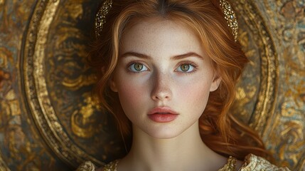 Modern interpretation of Renaissance art showcasing a young woman with striking features and a golden background, evoking historical beauty and elegance in contemporary form