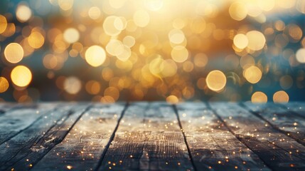 Poster - Soft golden bokeh lights create a warm ambiance above a dark wooden table, evoking a peaceful evening atmosphere perfect for relaxation