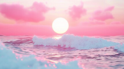 Wall Mural - vibrant pink sky and soft waves create a dreamlike atmosphere as the sun sets, casting a magical glo