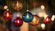 © Nataliia - close-up of hanging Christmas baubles, soft focus, high detail, warm and inviting festive atmosphere, vibrant and elegant holiday design