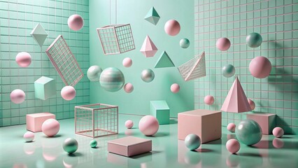 Wall Mural - Pastel Geometric Shapes and Wire Cages Float in a Mint Green Room