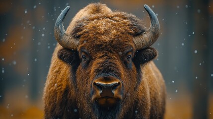 Wall Mural - a majestic european bison portrait in a snowy winter scene captured up close