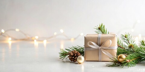 Wall Mural - A Festive Gift Wrapped in Kraft Paper with Evergreen Branches and Ornaments Against a Soft Bokeh Background