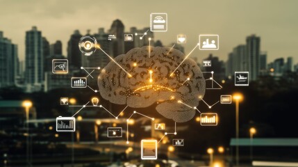 Poster - abstract digital brain surrounded by floating ai and tech-related icons on a glowing background.