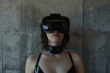 Poster - woman wearing vr headset exploring metaverse in a futuristic environment