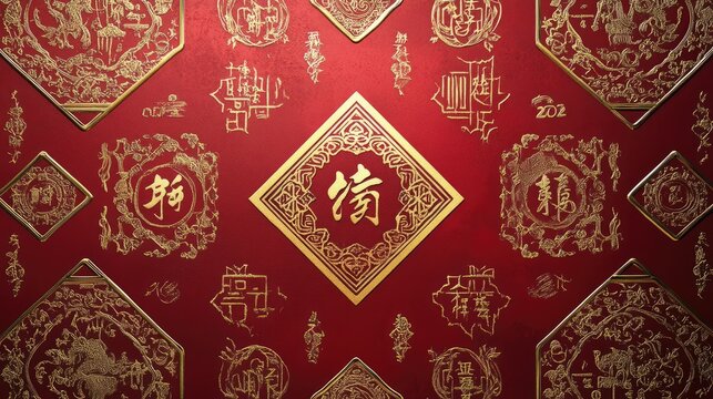 An elegant 2025 Chinese New Year card with gold-embossed designs, featuring traditional Chinese symbols and calligraphy.