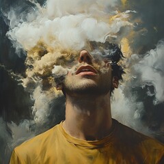 Poster - Surreal Portrait: Man Emerging from Clouds of Thought