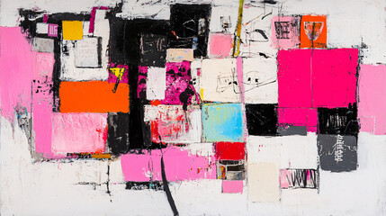 Poster - Abstract painting featuring a pattern of pink black and white squares arranged in a grid formation