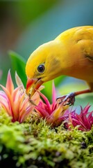 a bright yellow bird delicately feeds on vibrant blossoms in a lush, green natural setting, showcasi