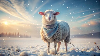 Sticker - A fluffy sheep, adorned in a cozy scarf, stands serenely in a snowy landscape bathed in the golden light of a winter sunset.