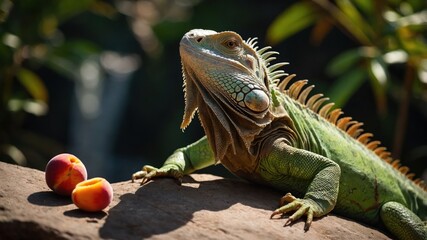 A green iguana rests on a rock near cut peaches, surrounded by lush foliage.