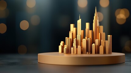 goal of life concept A golden city skyline sculpture on a platform with a blurred background, conveying luxury and modern architecture.