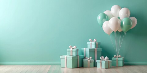 Wall Mural - A Festive Scene of Presents and Balloons Against a Mint Green Wall