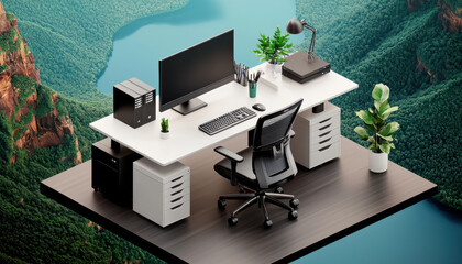 Poster - minimalist home office with desk and ergonomic chair in scenic setting