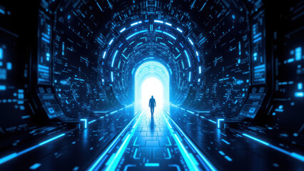 Wall Mural - Futuristic sci-fi tunnel with glowing lights and an open door leading to a mysterious destination.