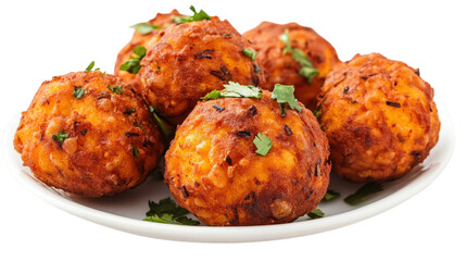 plate of golden-brown. round fritters. garnished with fresh green herbs the fritters appear crispy on the outside and soft on the inside. suggesting a savory snack or appetizer. often enjoyed in vario