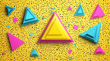 Poster - Colorful triangles arranged on a bright yellow background for abstract design concepts