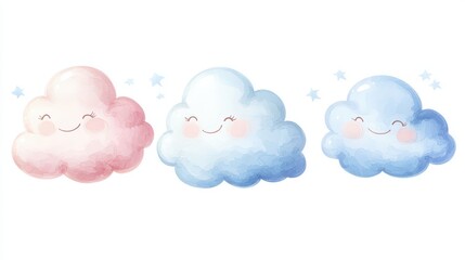 Wall Mural - Cute Simple Illustration of Chubby Smiling Clouds with Soft Colors for Adorable Design Projects