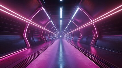 Canvas Print - Futuristic Neon Lit Corridor with Geometric Symmetry and Vibrant Colors