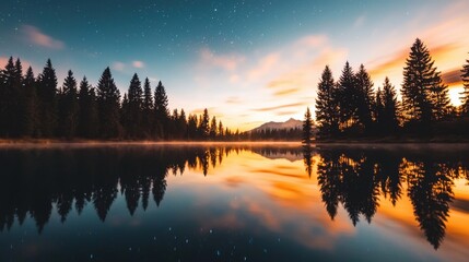 Poster - Breathtaking Sunset Reflection on Serene Lake Surrounded by Majestic Forest Landscape