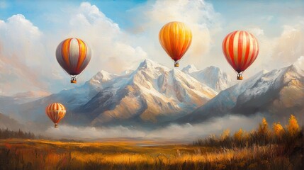 Wall Mural - Majestic hot air balloons soaring over breathtaking mountainous landscape on a serene and picturesque day