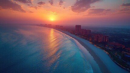 Wall Mural - Coastal sunset with vibrant orange sky reflecting on tranquil ocean and sandy beach