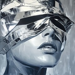 Poster - Silver Gaze: Monochromatic Abstract Portrait of a Woman