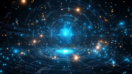 Wall Mural - Cosmic Gateway: A mesmerizing digital rendering depicting an otherworldly portal bathed in a luminous blue glow, surrounded by countless twinkling lights.