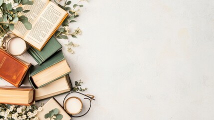 Poster - Cozy Workspace with Books Plants and Writing Supplies on Wooden Desk