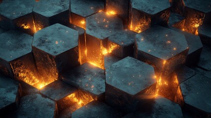 Fototapete - Glowing Hexagonal Blocks Ignite Dark Abstract Landscape
