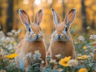 Wall Mural - two adorable rabbits standing side by side in a field of flowers with bokeh background