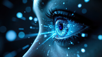 Wall Mural - Close-up of human eye with futuristic technology graphics overlaying face.