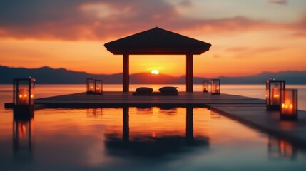 Poster - Serene Sunset Gazebo Reflecting on Tranquil Lake Landscape