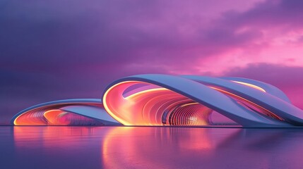 Poster - Futuristic Architectural Structures Reflecting on Water at Dramatic Colorful Sunset
