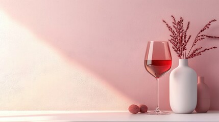 Poster - Elegant Red Wine Glass on Minimalist Pink Background with Floral Decor