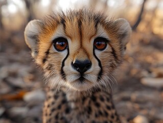 Wall Mural - close-up portrait of a young cheetah cub with its intense gaze and detailed fur pattern