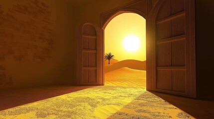 Wall Mural - A stunning sunset view over golden sand dunes with a silhouette of palm trees.