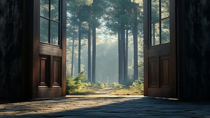 Wall Mural - A wooden doorway opens to a serene forest with sunlight filtering through tall trees.