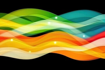 Wall Mural - A vibrant, abstract design featuring flowing waves of color in shades of green, blue, yellow, and orange against a black background.