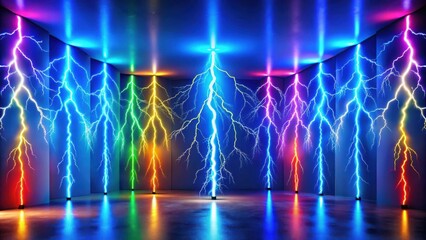 Wall Mural - Illuminated Chamber with Electric Bolts of Vibrant Hues and Reflective Floor