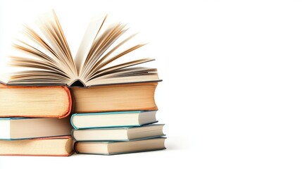 Poster - Stacked Books with Opened Book Showcasing Knowledge and Education