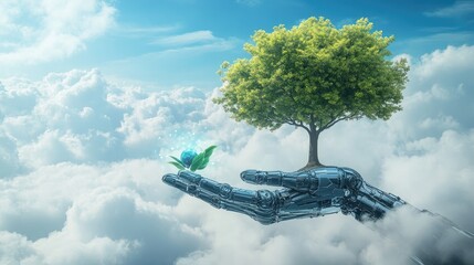 Wall Mural - co2 cloud with a green tree resting on a robotic hand, emphasizing sustainable technology and climat