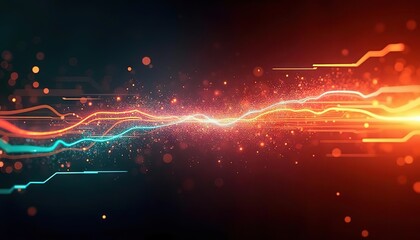 Poster - Abstract neon light waves and particles glowing on a dark background