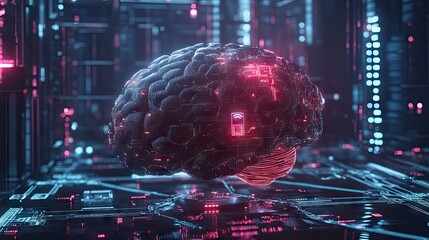Poster - Digital brain in a futuristic design with neural pathways and AI icons, highlighting tech innovation.
