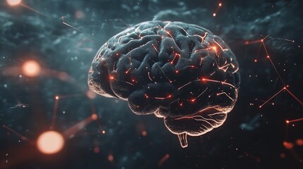 Poster - Digital brain in a futuristic design with neural pathways and AI icons, highlighting tech innovation.