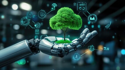 Poster - Futuristic robotic hand presenting a CO2 cloud and green tree surrounded by eco symbols for climate innovation.